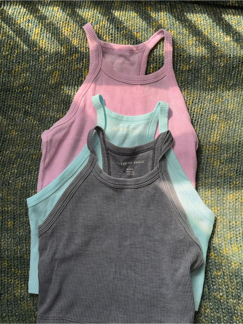 American Eagle Outfitters Ribbed Tank Trio in Pink, Mint, and Gray